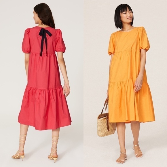 PETER SOM Midi Dress Bleach Splatter Puff Short Sleeve Ruffle Tiered Tie‎ Back 6 - Picture 5 of 9